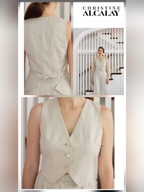 Christine Alcalay Tailored Medium V-Neck Linen Blend Vest Light Beige